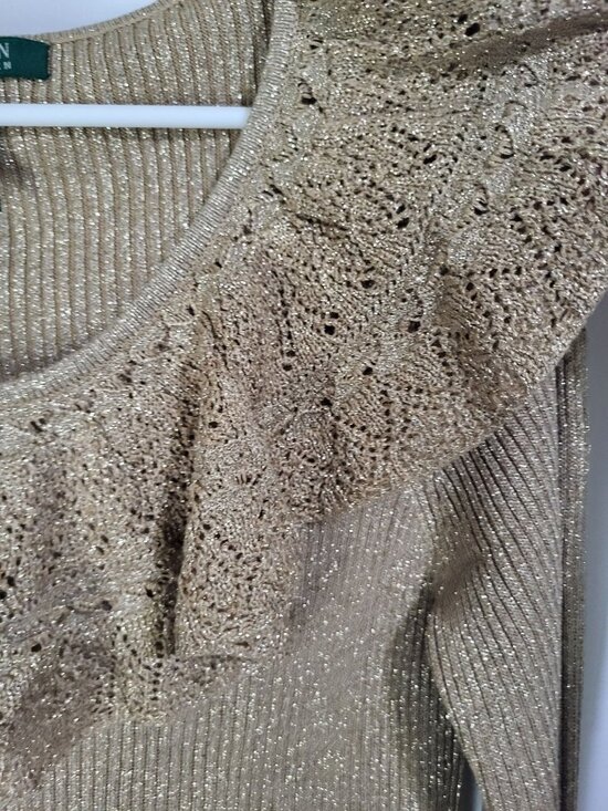 LAUREN RALPH LAUREN Womens L Gold Metallic Silk Polyester Ribbed Sweater Ruffle - Picture 4 of 7